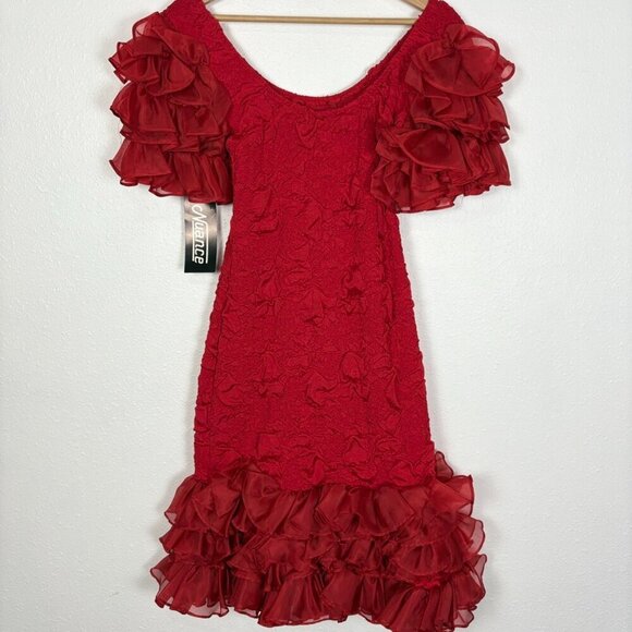 Vintage NWT Deadstock Red 80's Ruffle Sleeve Bodycon Mini Dress Size: 13 - Picture 8 of 10